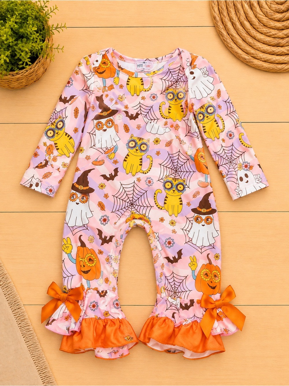 Pink Halloween Cat & Pumpkin Ruffle One-Piece Bodysuit - (Brand Unspecified)